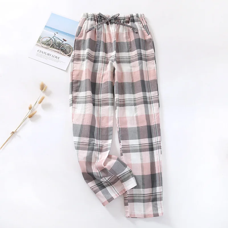 Couple\'s Plaid Pyjama Bottoms Men and Women Cotton Gauze Trousers Summer Elastic Waist Thin Loose Home Sleep Pants