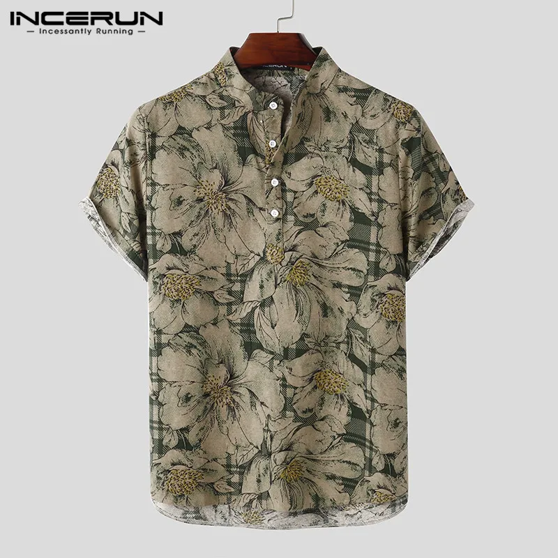 INCERUN Mens Printed Camisa Masculina Summer Hawaiian Blouse Men Vintage Shirts Short Sleeve Lapel Camisa Casual Buttons Blusas