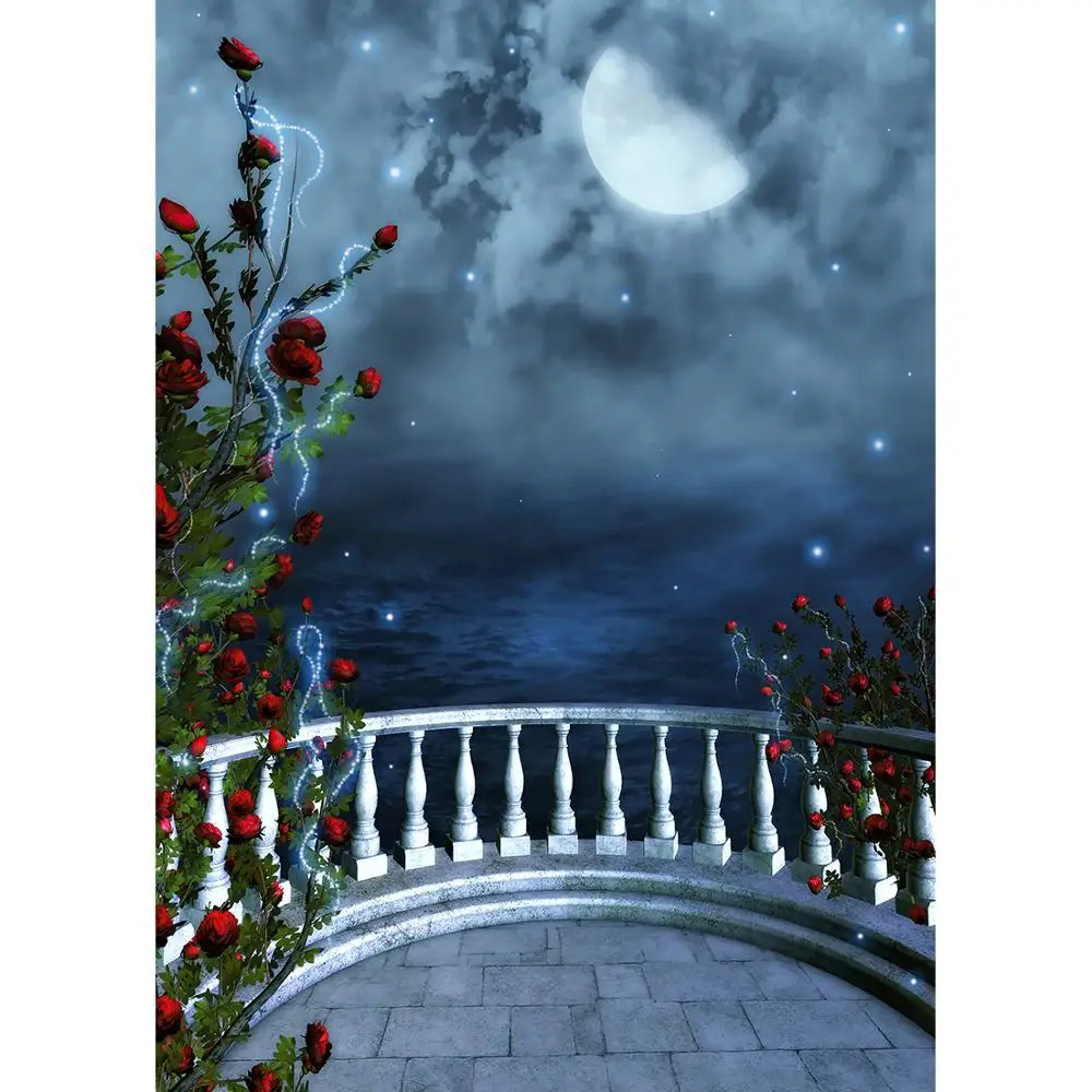 Red Flowers Balcony Moon Sparkle Photographic Backdrop Customized Background for Children Baby Portrait Photocall Fond Photo