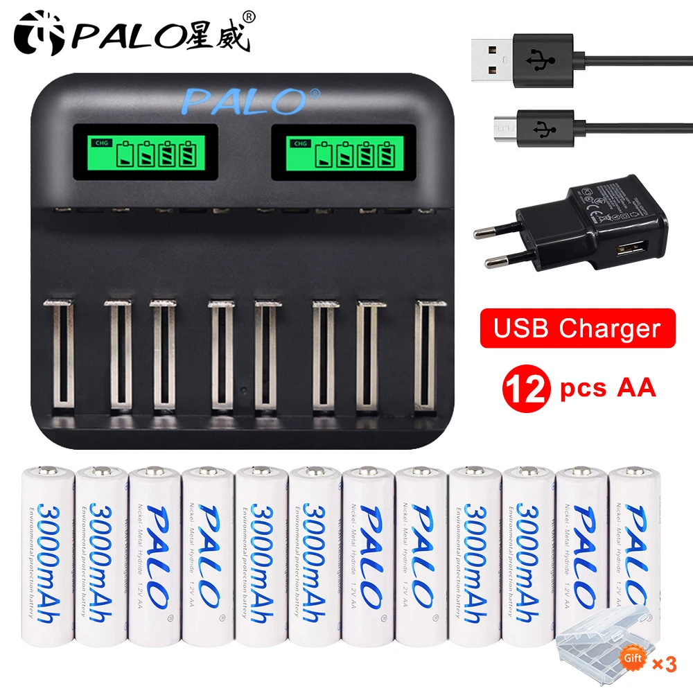 Palo 8-24pcs AA Rechargeable Battery AA NiMH 1.2V 3000mAh Ni-MH ni mh 2A Pre-charged Bateria Low Self Discharge AA Batteries