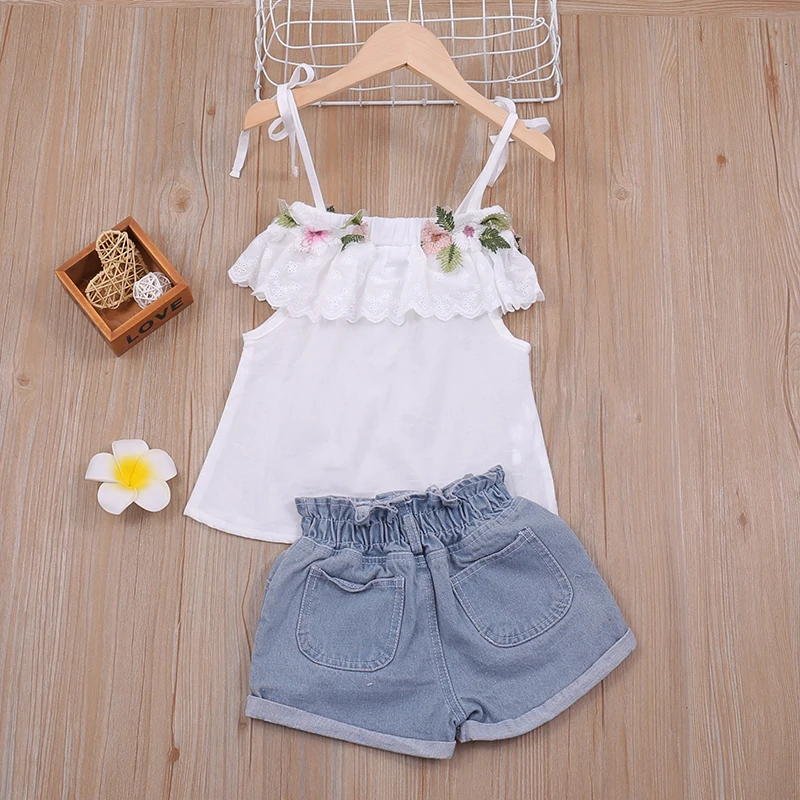 Summer Thin Suit Flower Decoration Sling Top+Denim Shorts 2Pcs Clothing Sets Children's Clothing Girl Clothing