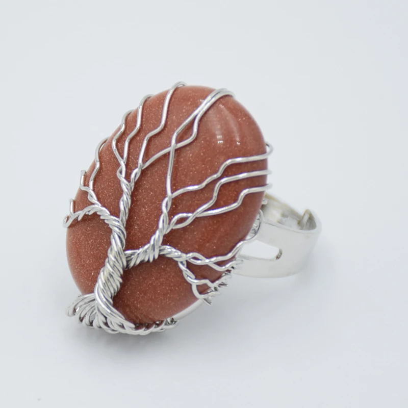 Silver-color Tree of Life Wire Wrapped Resizable Women Ring Fashion Party Jewelry Reiki Oval Natural Stone Crystal Finger Rings