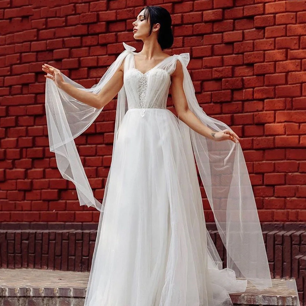 

Korean Vintage Wedding Dress Simple Cheap Wedding Gowns Tulle Lace Beads Pearls Bride Dresses 2021 Bruidsjurken