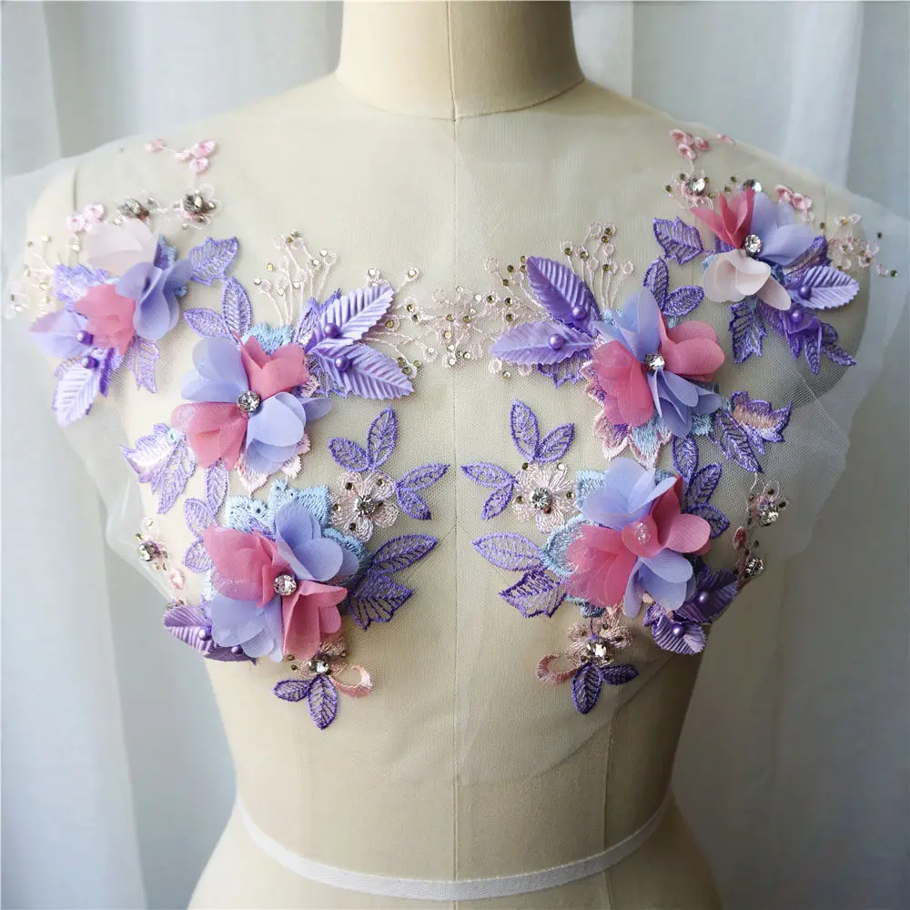 2PCS Purple 3D Flower Lace Fabric Beads Rhinestone Embroidered Gown Appliques Mesh Sew Patches For Wedding Decoration Dress DIY