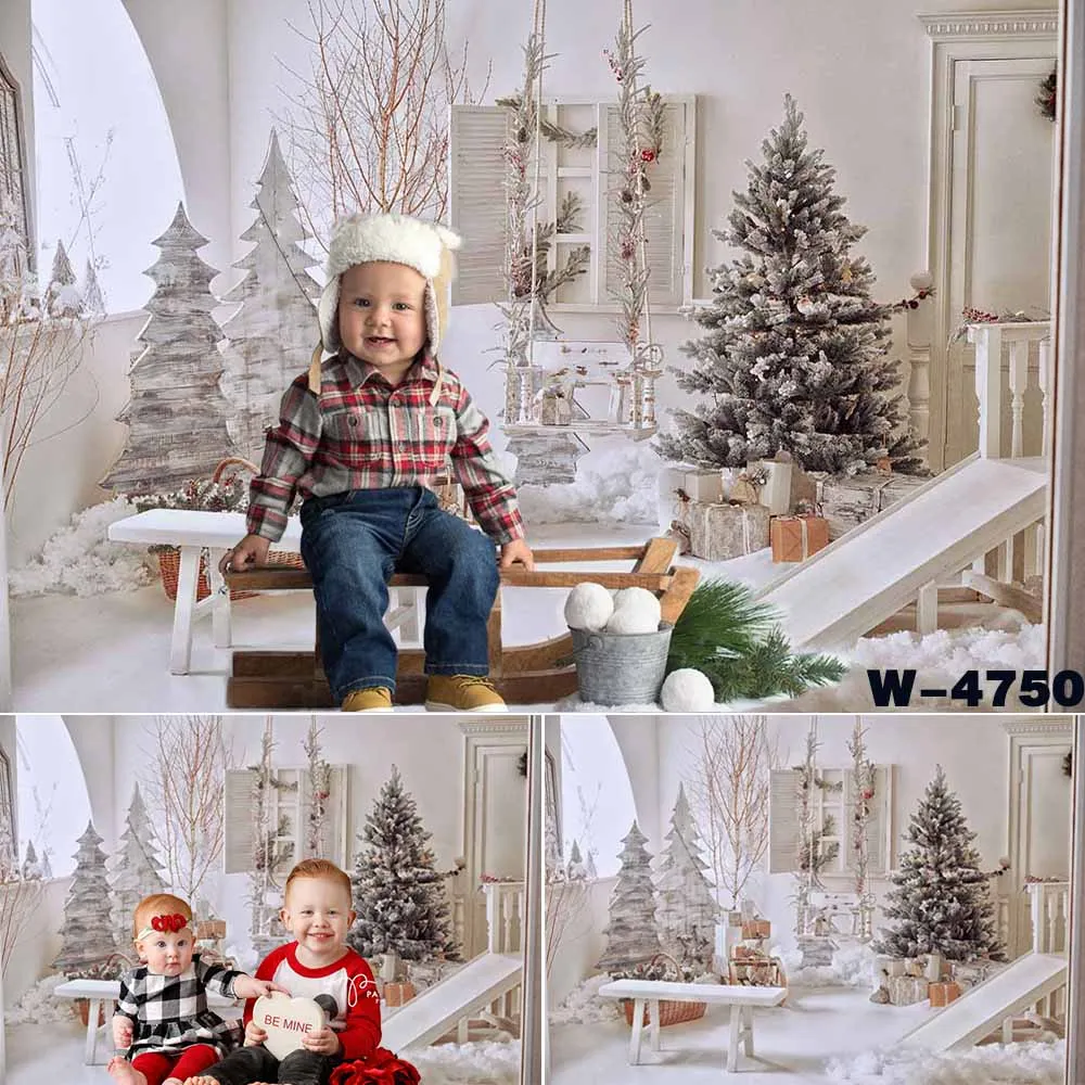 Kerst Achtergrond Wit Houten Deur Winter Sneeuw Kerst Bomen Pasgeboren Baby Fotografie Achtergrond Fotostudio Props W-4750