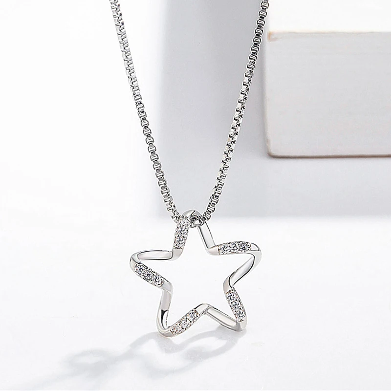 Hot 925 Sterling Silver Rhinestone Star Pendant Necklace Fashion Charm Clavicle Zircon Necklace Jewelry Women&Girl Birthday Gift