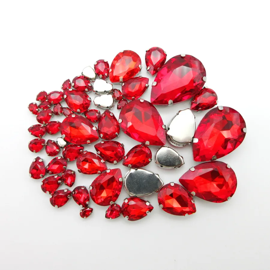 Red crystal strass mix water drop shape 7sizes silver claw flatback sew on rhinestone beads wedding dress Crafts diy accessories