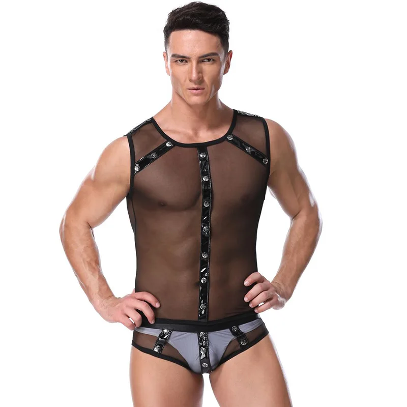 

One Piece Black Transparent Mesh Jumpsuits For Men Pole Dance Wear Erotic Night Club Outfit Adult MaleHalloween Carnival Costume