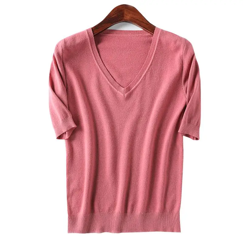 Spring/Summer Ladies Sweater V-neck Pullover Solid Color Half-sleeved Knitwear Sweater Thin Casual Soft Bottoming Tops