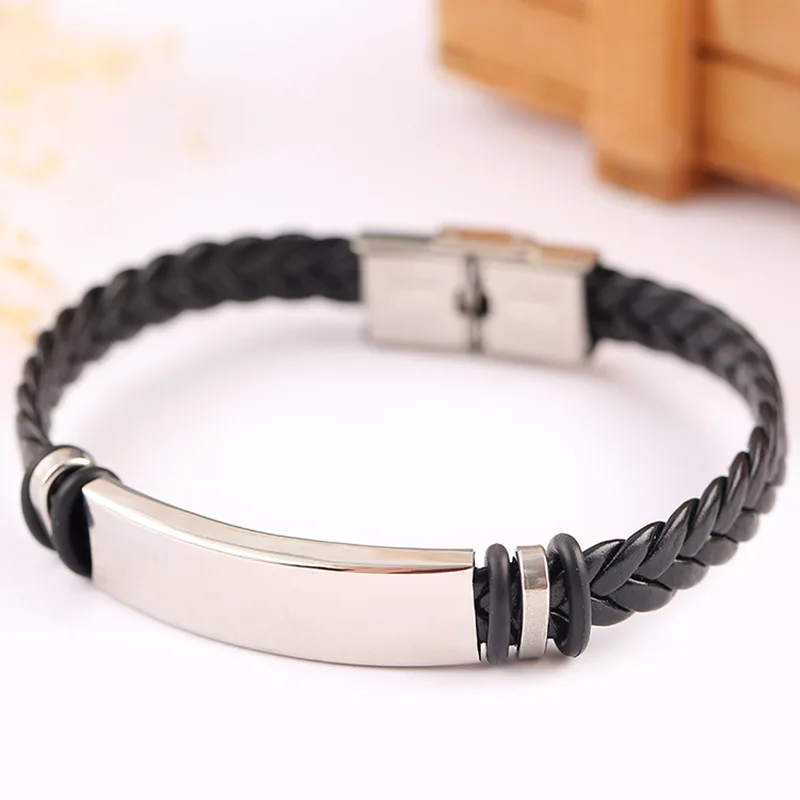 

Stainless Steel Blank ID Tags Leather Bangles For Engrave Leather Braid Bracelet With Metal Plate Wholesale 50pcs