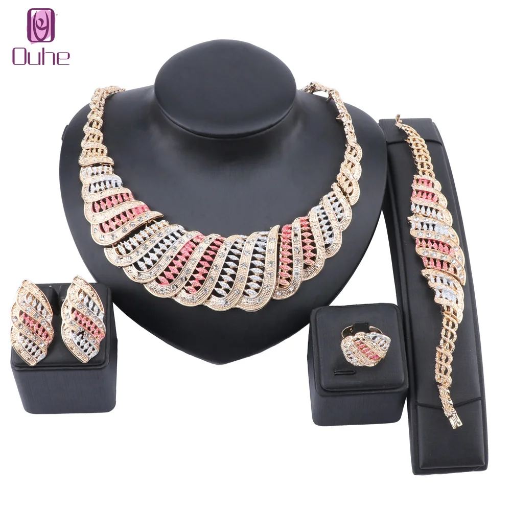 African Jewelry Charm Crystal Necklace Colorful Jewelry Sets for Women Wedding Bridal Earring Bracelet Ring Jewelry Set