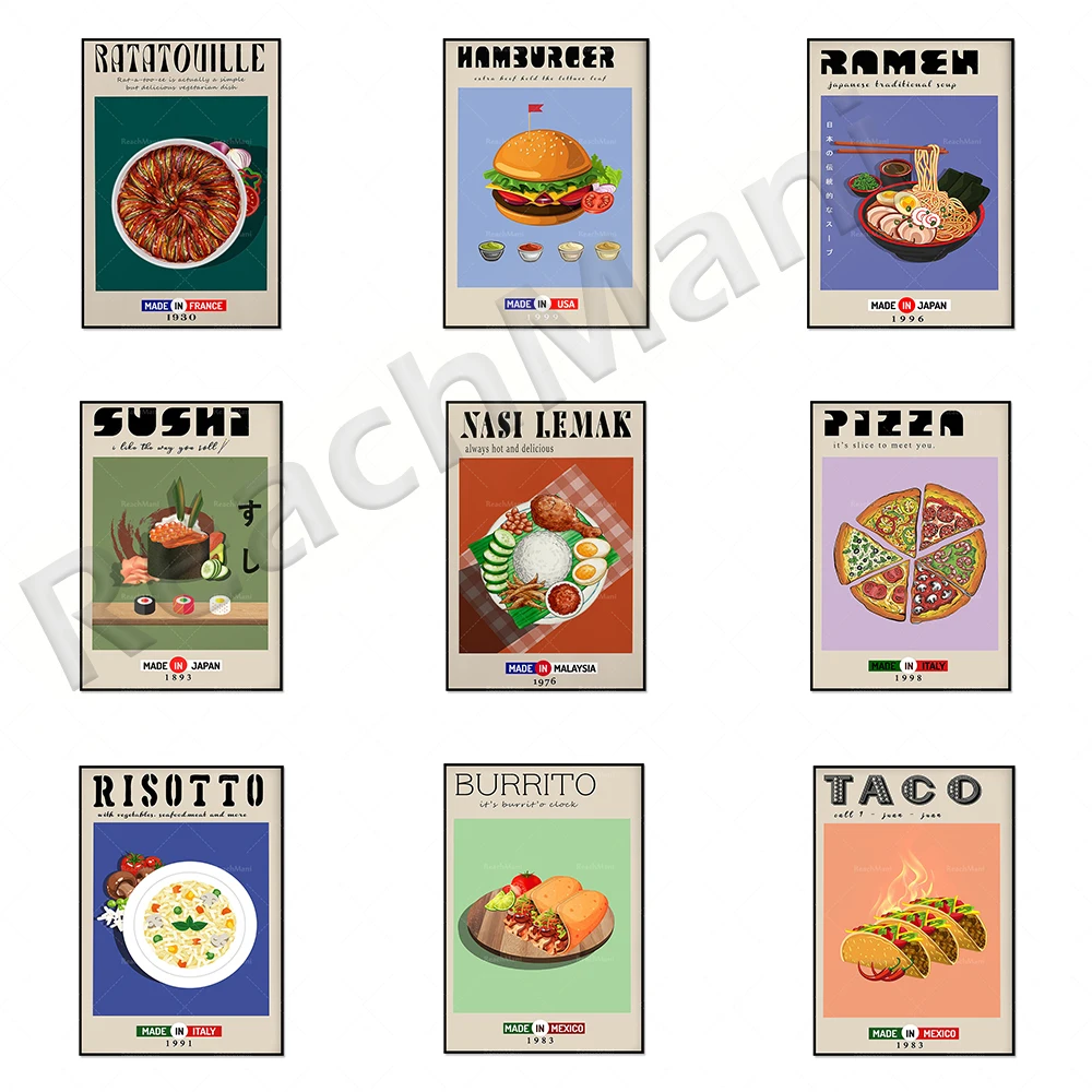 Mexikanischer Taco, Burger, Ramen, Risotto, Sushi, Nasi Lemak, Pizza, Burrito, French Ratatouille Food Typographic Poster Kitchen Deco