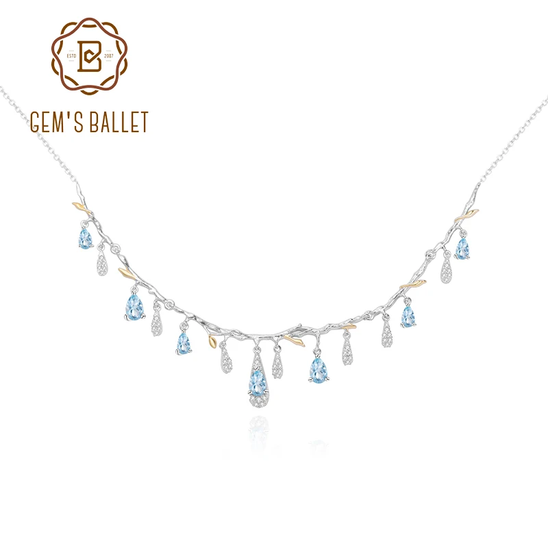 

GEM'S BALLET 925 Sterling Silver Handmade Flower Bud Gemstone Necklace With Natural Sky Blue Topaz For Women Wedding Jewelry