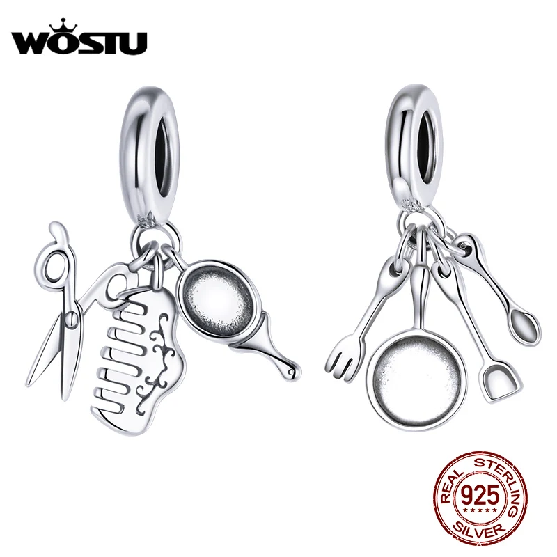 WOSTU 925 Sterling Silver Cooking Utensils Set Pendant Charm Scissors Bead Fit Original Bracelet DIY Jewelry Making CQC1888