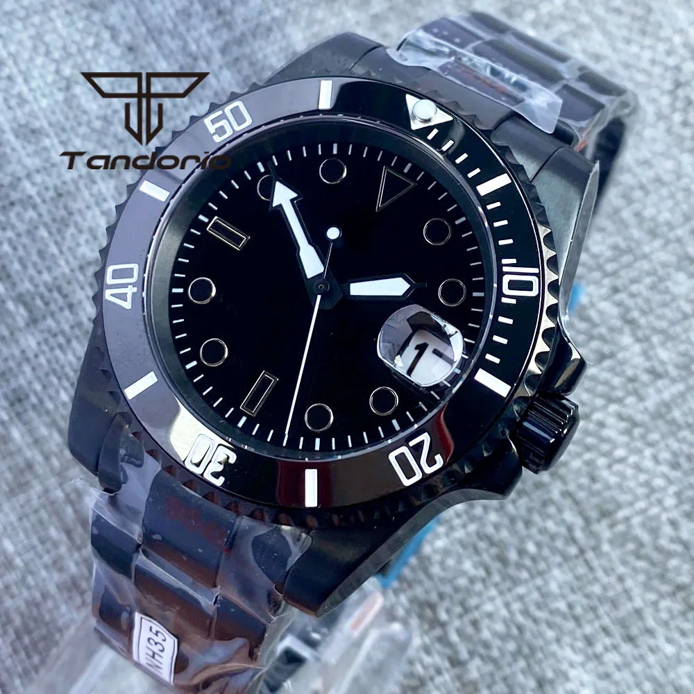 

40mm NH35 MIYOTA MINGZHU Full Black PVD Automatic Men Watch Sapphire Glass Auto Date Ceramic Bezel Bracelet