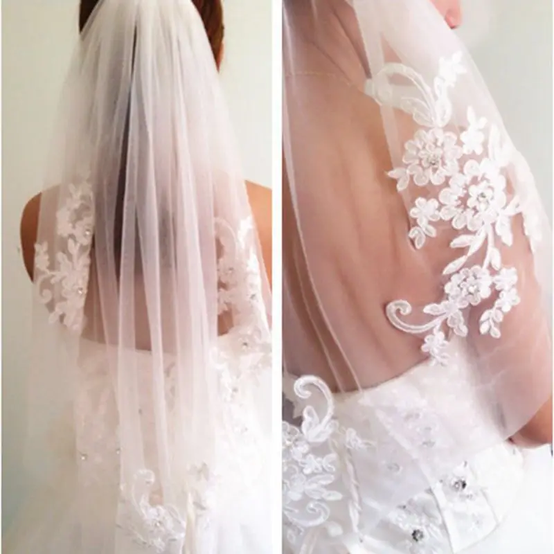 New Arrival 1.5 Meter Lace Appliques Wedding Veils White Ivory Beaded Crystals Bridal Accessories Veil Matrimonio