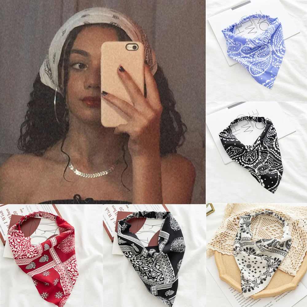 Ruoshui 2021 Woman Printted Triangle Bandanas Women Elastic Hairband Fashion Hair Accessories Headwear Turban Headband Ornament