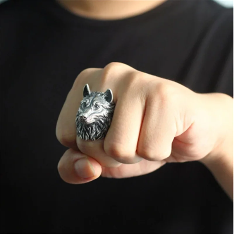 Vintage Nordic Wolf Head Ring Men Stainless Steel Punk Rock Biker Ring Male Viking Amulet Jewelry Wholesale