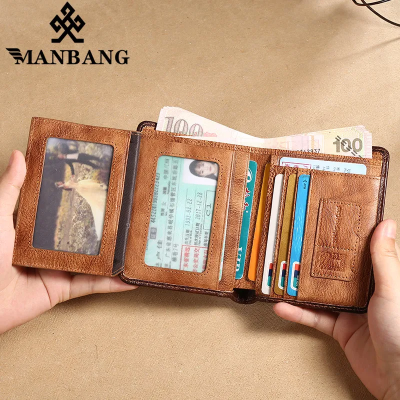 ManBang HOT Genuine Leather Men Wallet Small Mini Card Holder Male Wallet Pocket Retro purse wallet for men High Quality