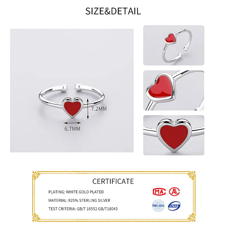 Bague en émail coeur rouge romantique pour femme, document en argent pour breloque, fête de mariage, bijoux fins, cadeaux mignons, mode 2020