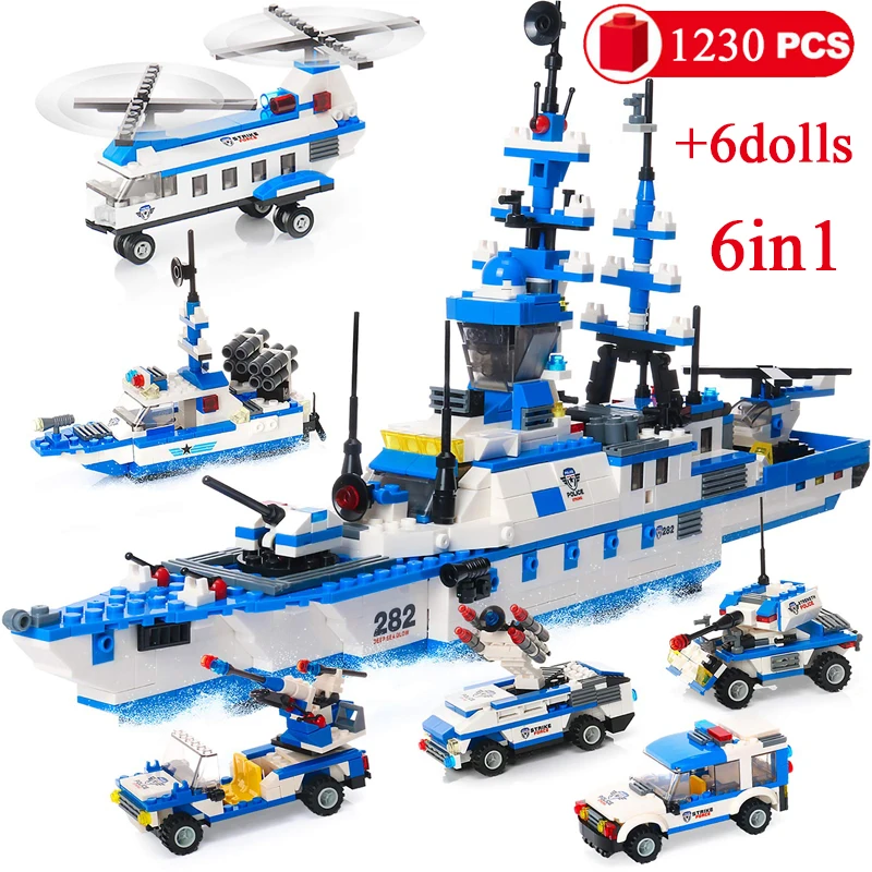 

1230pcs 6IN1 Marine Boat Aircraft Model Building Blocks Car friends Gun Bricks Toys for Children Gift