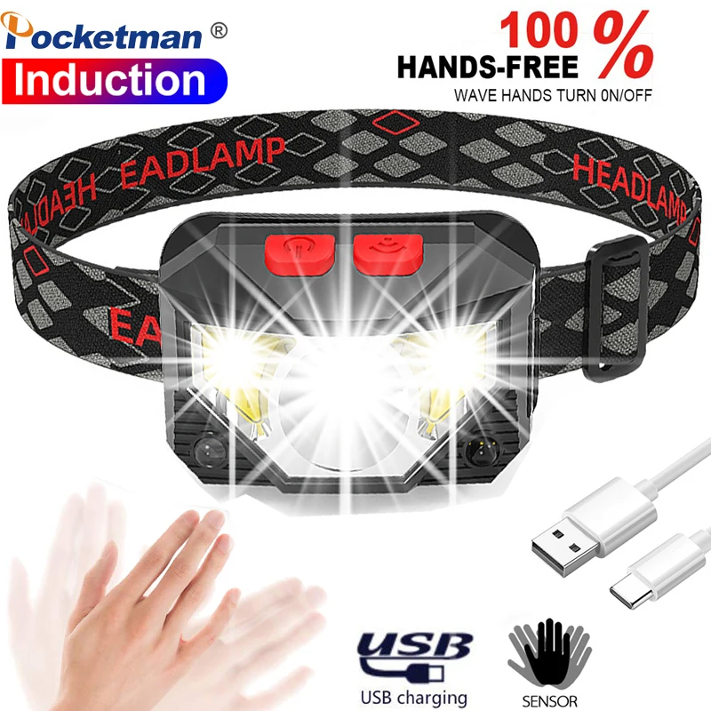 High Power Hands-free LED Headlamp Motion Sensor head lamp LED headlight Torch Built-in battery inductive with Portable box