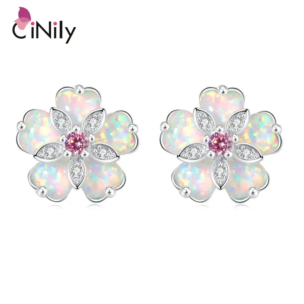 CiNily White & Blue & Green Fire Opal Stone Stud Earrings Silver Plated Flower Flora Cherry Blossom Spring Bohemia Boho Jewelry