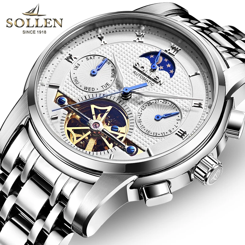 

New Switzerland Luxury Brand SOLLEN Automatic Mechanical Men's Watches Multi-function Moon Phase Skeleton Waterproof Clock SL805