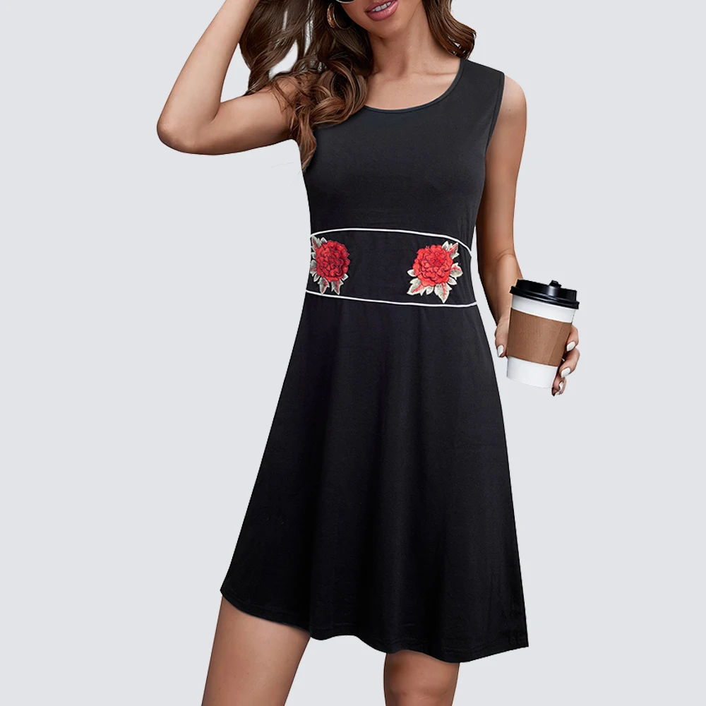 Women Summer Charming O Neck Sleeveless Embroidery Shift Mini Tank Dress HT031