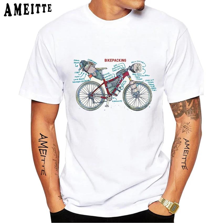 Vintage Classic Bike Bikepacking Print T-Shirt Summer Men's Short Sleeve Funny Bicycle Sport Travel Boy Tops White Casual Tees