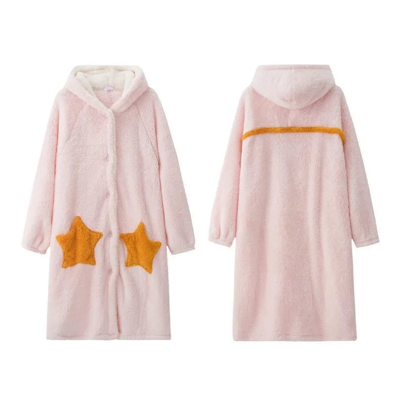 Women Thick Coral Fleece Robe Sleepwear Cute Hooded Nightgown Nightwear Winter Warm Flannel Nightdress With Pocket Long Bathrobe