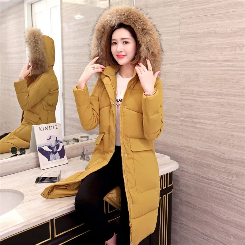 Winter Coat Women Korean Fur Hooded Jackets Nice Pop Vogue Loose Long Slim Black Beige Chic Down Cotton Warmth Clothing LD1229