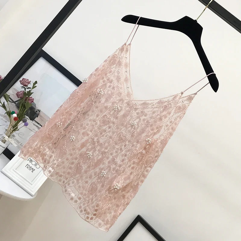 H80&S90 Summer Sexy Beading Sequins Camis Women Tops Fashion Solid Sleeveless V-Neck Female Tank Tops Loose Party Club Newest