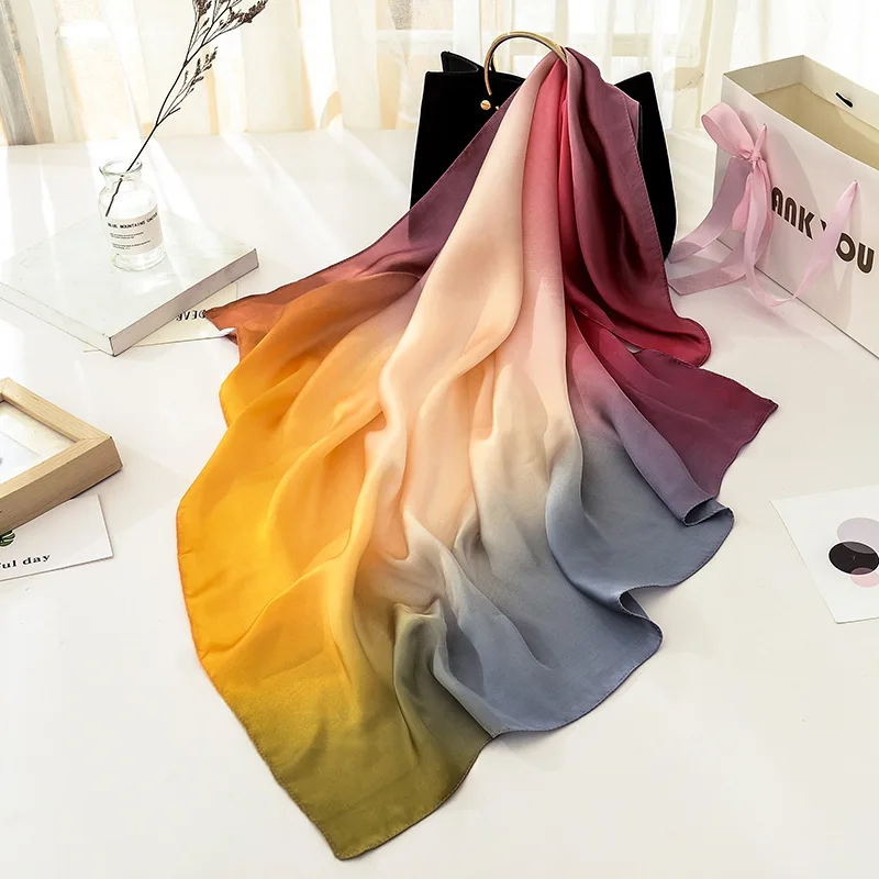 Women Foulard Gradient Solid Color Beautiful Square Scarf Bandana Elegant Shawl Hijab Summer Sun Protection