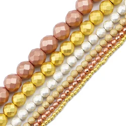 Faceted Round Hematite Matte Gold Color Silver Plated Natural Stone 2/4/6/10mm Spacer Loose Beads For Jewelry Making Diy Finding