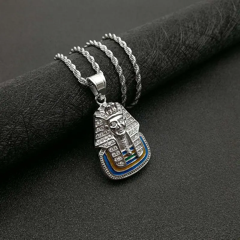 Egyptian Pharaon Necklace Sphinx Zircon Pendant Stainless Steel Chain Women Men Hip Hop Jewelry Anniversary Birthday Gift