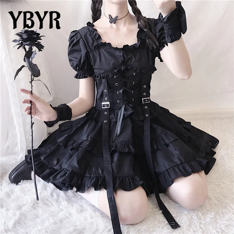 YBYR Black Gothic Lolita Dress Japanese Girl Punk Style Puff Sleeve Bandage Mini Dress Women Sexy Ruffles Dresses Club Clothes