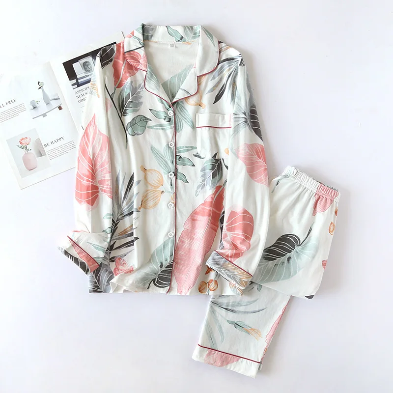 Autumn New Ladies Pajamas Set Floral Printed Full Cotton Fresh Style Sleepwear Set Women Turn-down Collar Female Casual Homewear