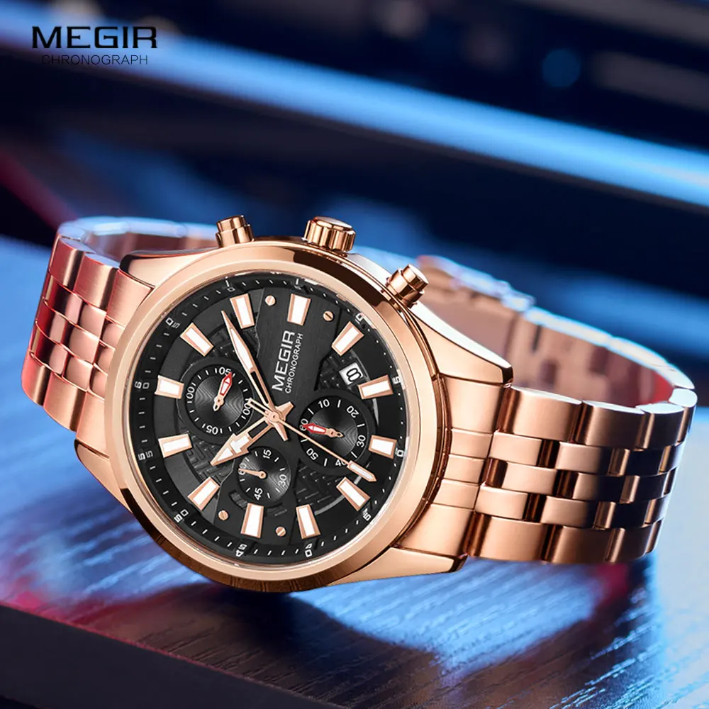 MEGIR Men\'s Watches 2020 Luxury Top Brand Wristwatch for Men Rose Gold Stainless Steel Strap Chronograph Quartz Watch Waterproof