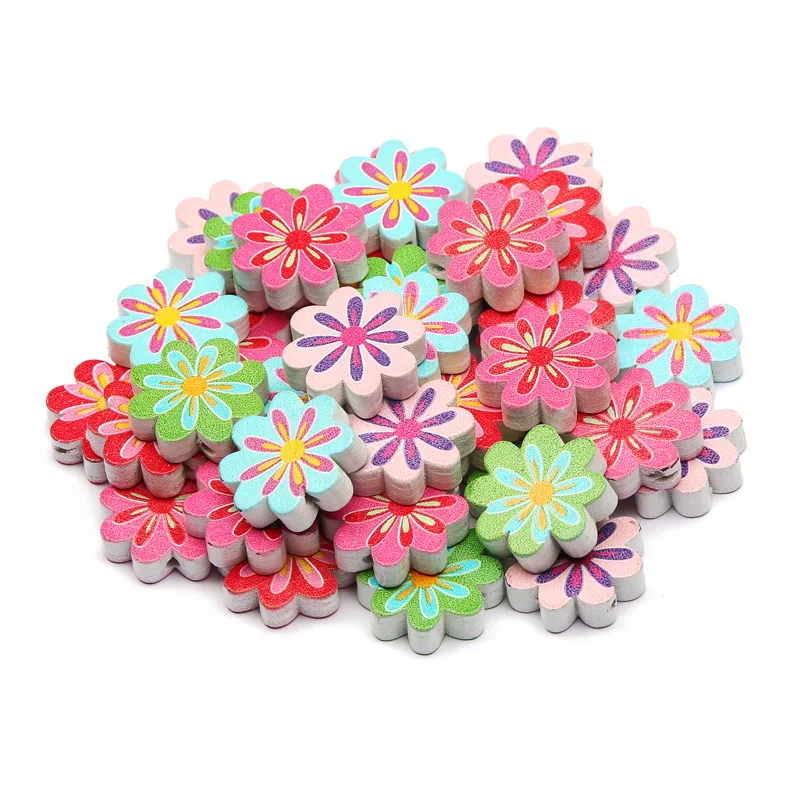 20pcs Cartoons Wood Spacer Flower Beads Round Natural Wooden Beads For Jewelry Making Diy Bracelet Necklace Rattle Finding