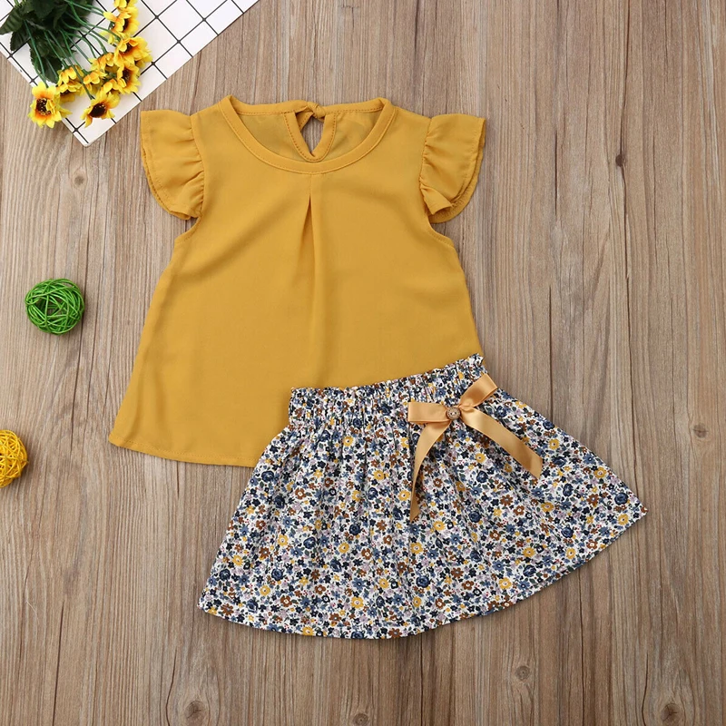 Summer Clothing Toddler Kid Baby Girl Clothes Set Yellow Chiffon Ruffle Tops+Floral Print Skirt Clothes 2pcs Outfits 1-5Y