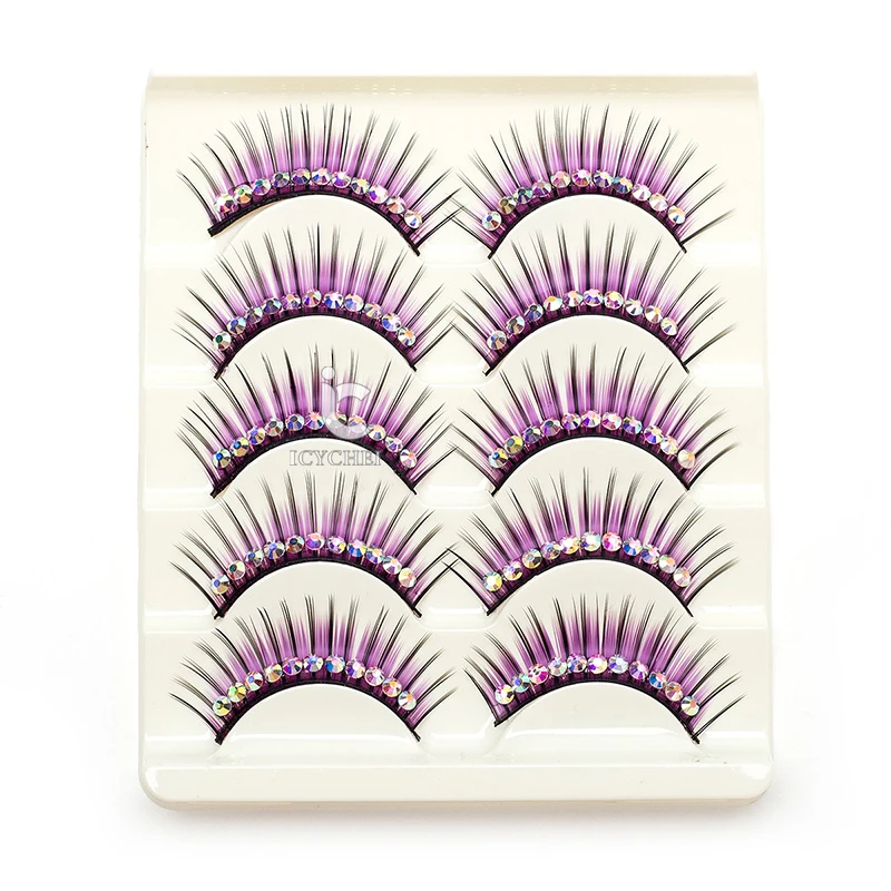 5 Pairs Purple False Eyelashes With Diamond Set Long Thick For Catwalk Performance Latin Dance Bushy Eye Lashes Pack