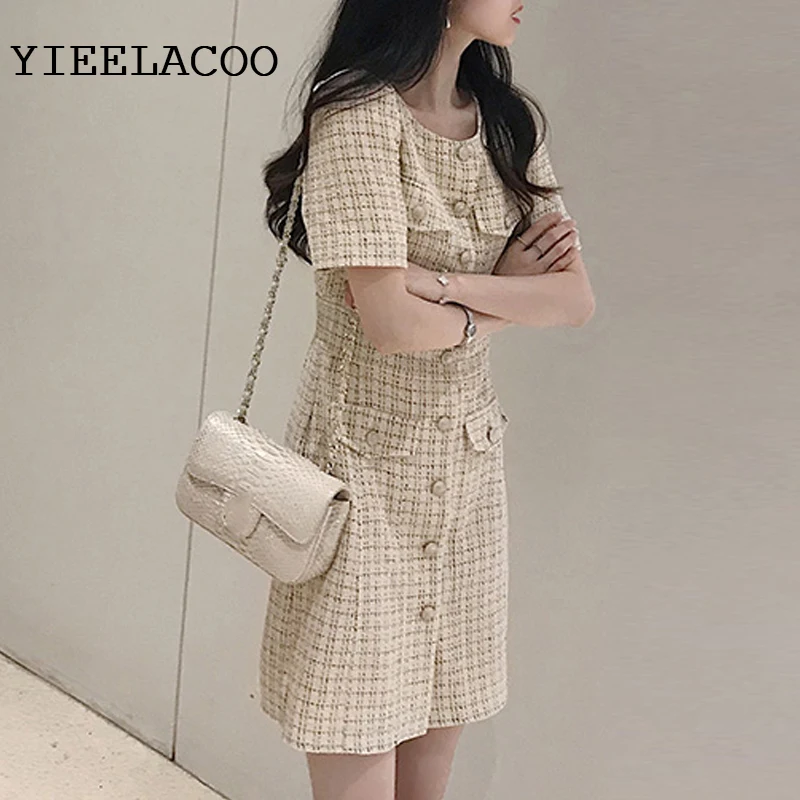 

Beige plaid dress Tweed Short sleeve 2020 spring / autumn women's dress tassel ladies slim bottoming dress one-piece