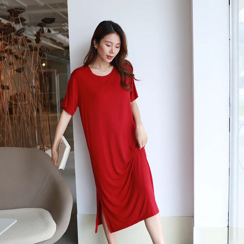 ชุดราตรีสุภาพสตรีฤดูใบไม้ผลิฤดูร้อน Nightgowns แขนสั้น Modal ผ้าฝ้ายยาว Nightshirt Homewear ผู้หญิงขนาดใหญ่ชุดนอน