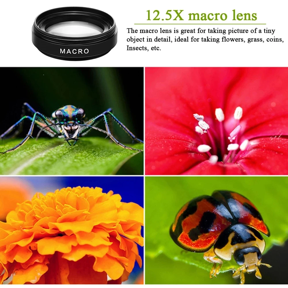 2 In 1เลนส์โทรศัพท์มือถือ0.45x มุมกว้าง12.5x Macro เลนส์กล้อง HD สำหรับ iPhone 12 11 8 7 6 XS Huawei Xiaomi Samsung