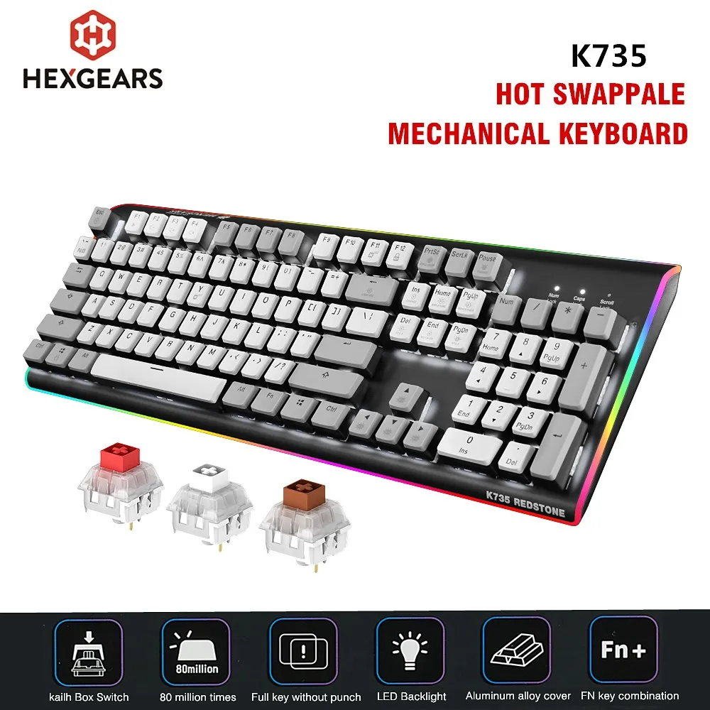 

HEXGEARS K735 Hot Swap Switch Mechanical Keyboard 104 Key Waterproof Gaming Keyboard Kailh BOX Switch PBT Keycaps RGB Side DIY