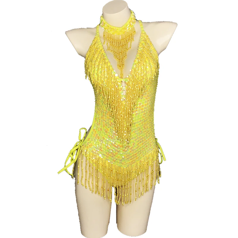 Flashing Yellow Sequins One-Piece Bodysuit Women\'s Singer Dance Sexy Evening Carnival Costumes Stage Dance Wear Nightclub Outfit