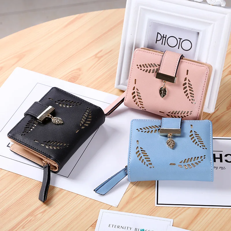 PU Leather Hollow Leaf Short Women's Wallet Fashion Zipper Coin Purses Female Hasp Clutch Multiple Card Slots Holder Money Bag