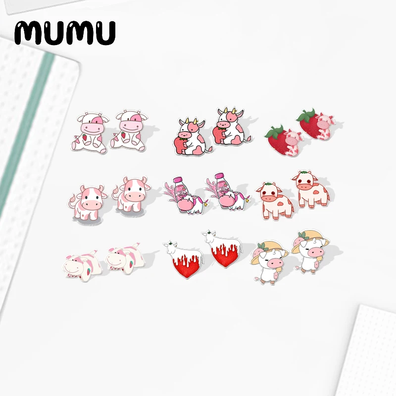 2021 New Strawberry Cow Stud Earring Epoxy Jewelry Resin Cute Animal Acrylic Earrings Handmade Gifts Girl