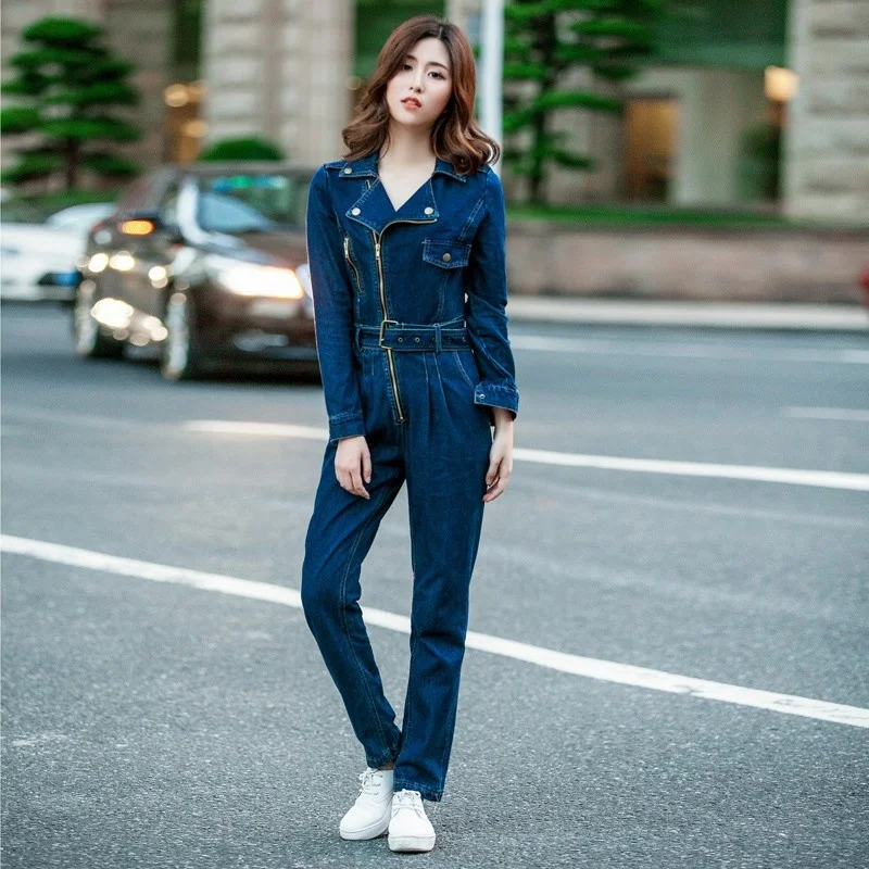 Fashion Autumn Denim Jumpsuit Women High Waist Zippers Denim Overalls Playsuits Female Long Sleeve Lapel Jeans Rompers Blue